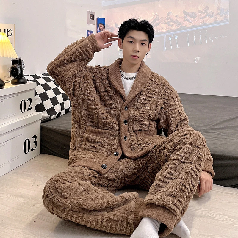 Newest Men\'s Winter Thicken Warm Flannel Pajamas Sets Male Long Sleeve Plus Size Pajamas Sleepwear Homewear Casual Pyjama Pijama