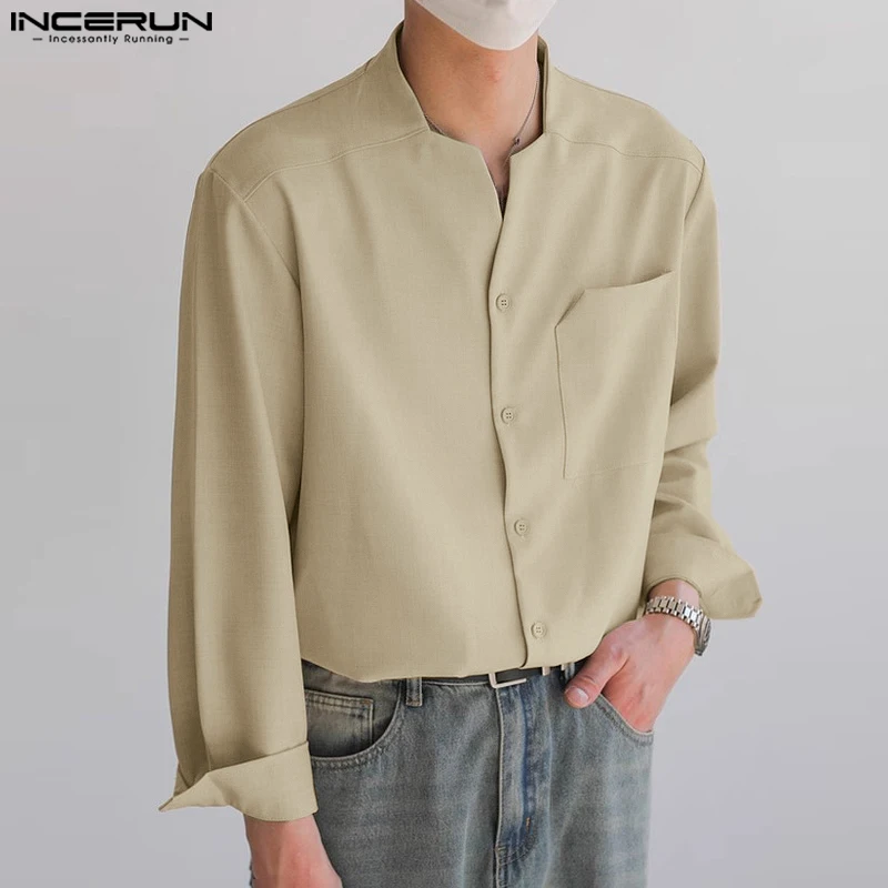 INCERUN Tops 2024 Handsome New Mens Solid Color Design Stand Neck Shirts Casual Simple Male Streetwear Long Sleeved Blouse S-5XL