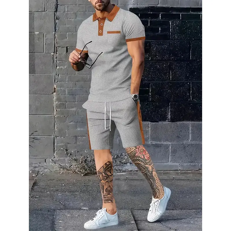 

2025 Summer European and American Men's Lapel Short Sleeve Shorts Set Breathable T-Shirt Casual Sportswear