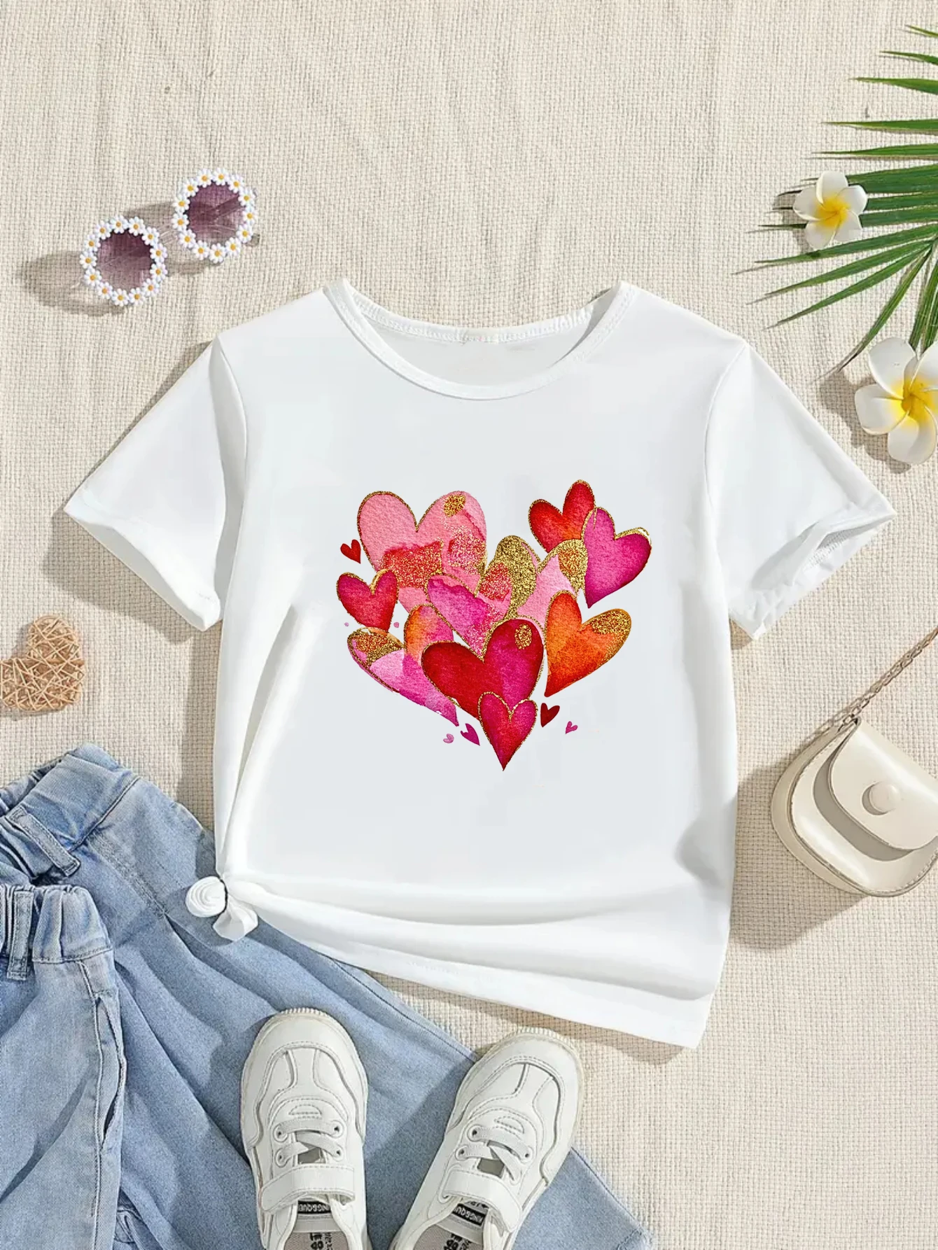 Valentine'S Day Party Tshirt , With Vibrant Large Heart-Shaped Cutouts And Multi Colored Heart-Shaped Prints T-Shirt Girls Tops
