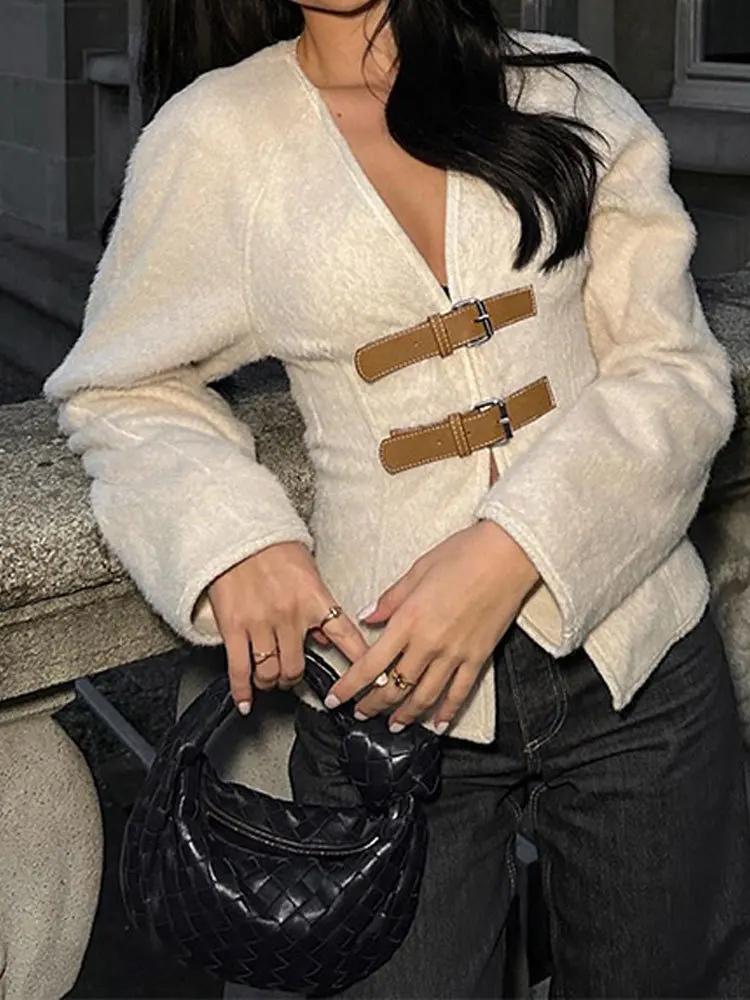 2024 Woman Vintage White Leather Buckle Woolen Jacket Female Elegant Long Sleeve Single Breasted Coat Lady Spring Sweater  