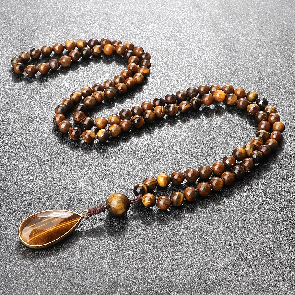 108 Japamala Beads Necklaces Men 6mm Tiger Eye Stone Water Drop Pendant Women Necklace Charm Health Protection Jewelry Yoga Gift