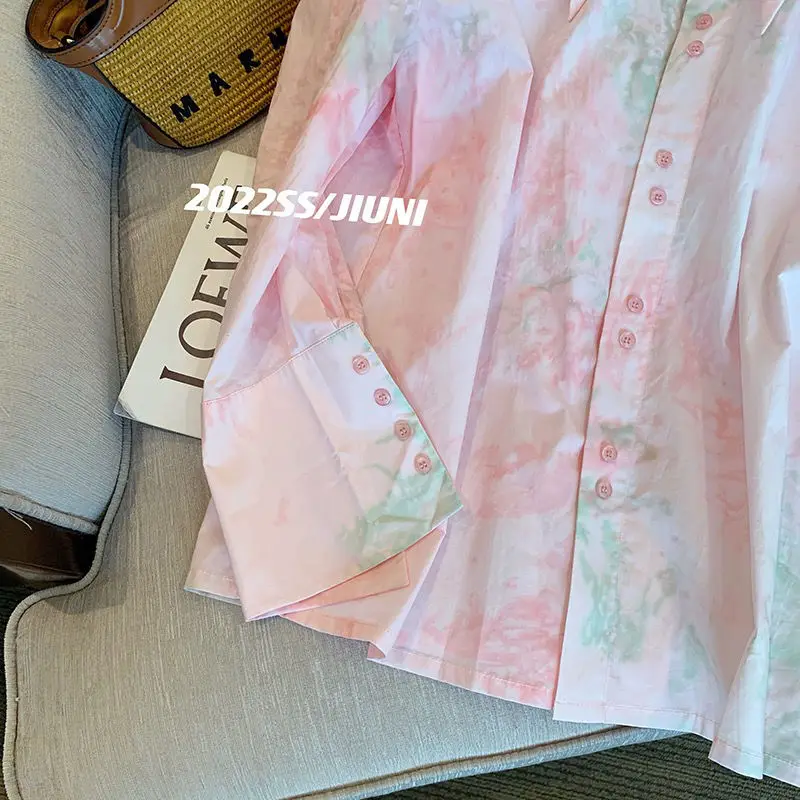 Korejpaa rose cravate colorant chemises élégant manches à bulles col rabattu chemise femmes 2025 printemps rétro Design doux dames hauts