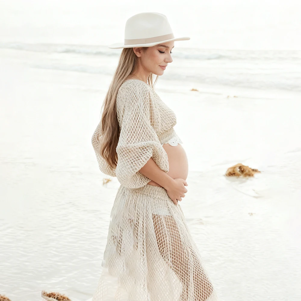 Abito fotografico di maternità Boho Abito da gravidanza maxi in maglia all'uncinetto in due pezzi Abito da spiaggia fluido per baby shower Abbigliamento per riprese di maternità