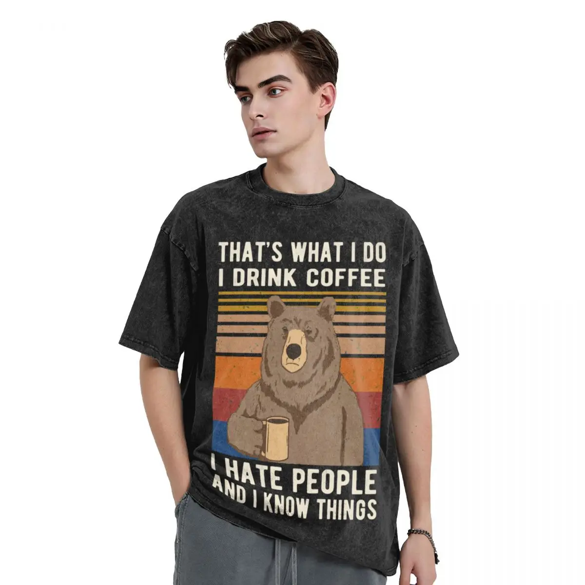 

That's What I Do I Drink Coffee I Hate People And Know Things Bear Drinking T-Shirt cotton graphic tees vintage Men's clothing