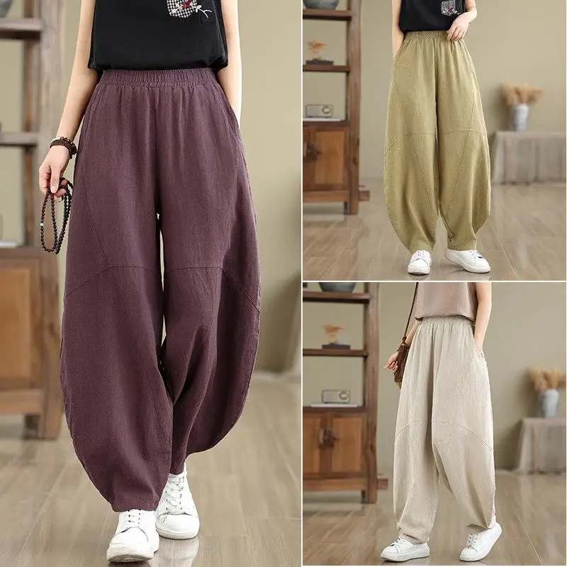 

Женские повседневные брюки большого размера, лето 2029, широкие брюки из хлопка и льна в стиле дзен, прямые брюки Haren G977 ﻿