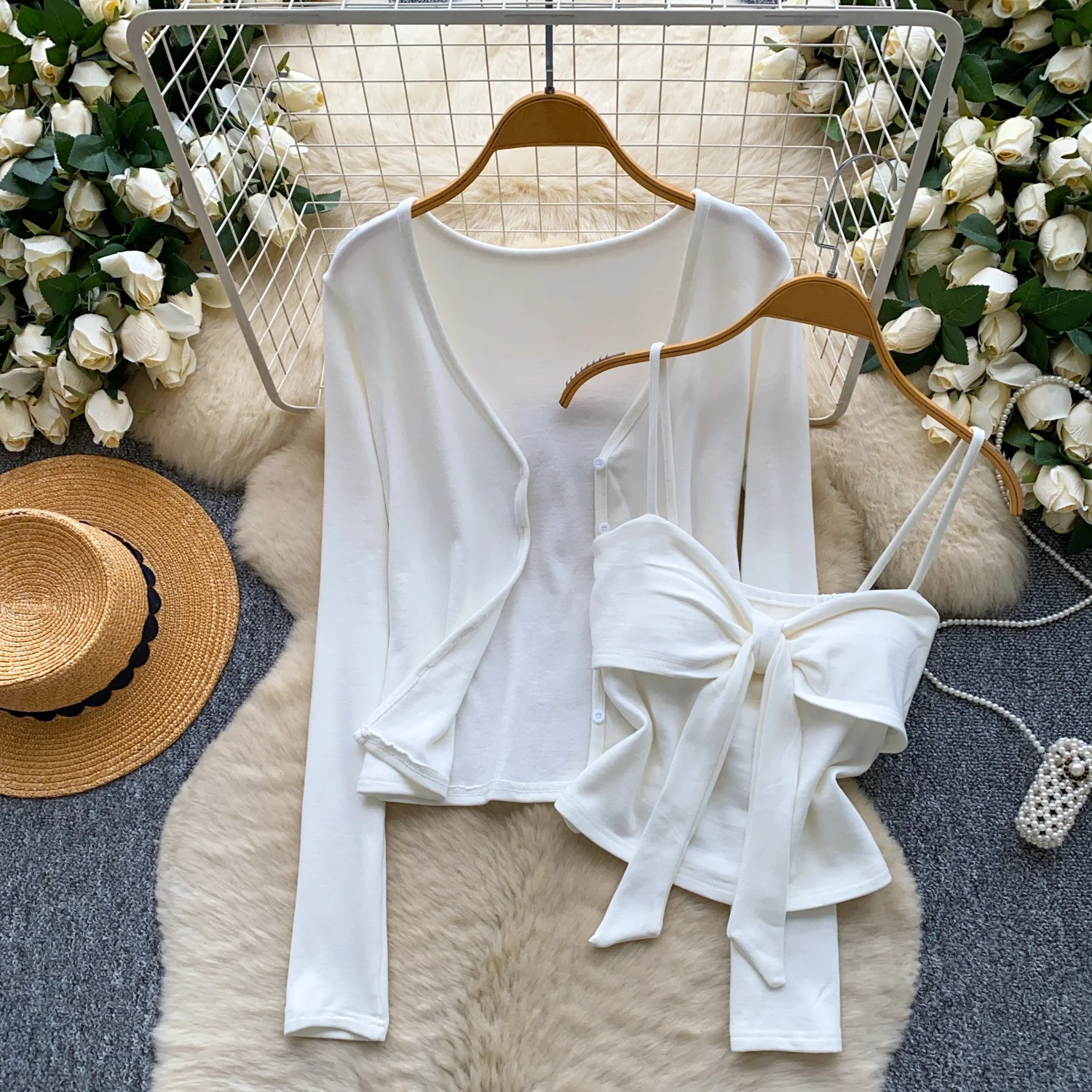 

Clothland Women Elegant Camis Blouse Suit Bow Tie Sleeveless Strap Camis With Crop Top Jacket Shirt Cute Two Piece Set LB382