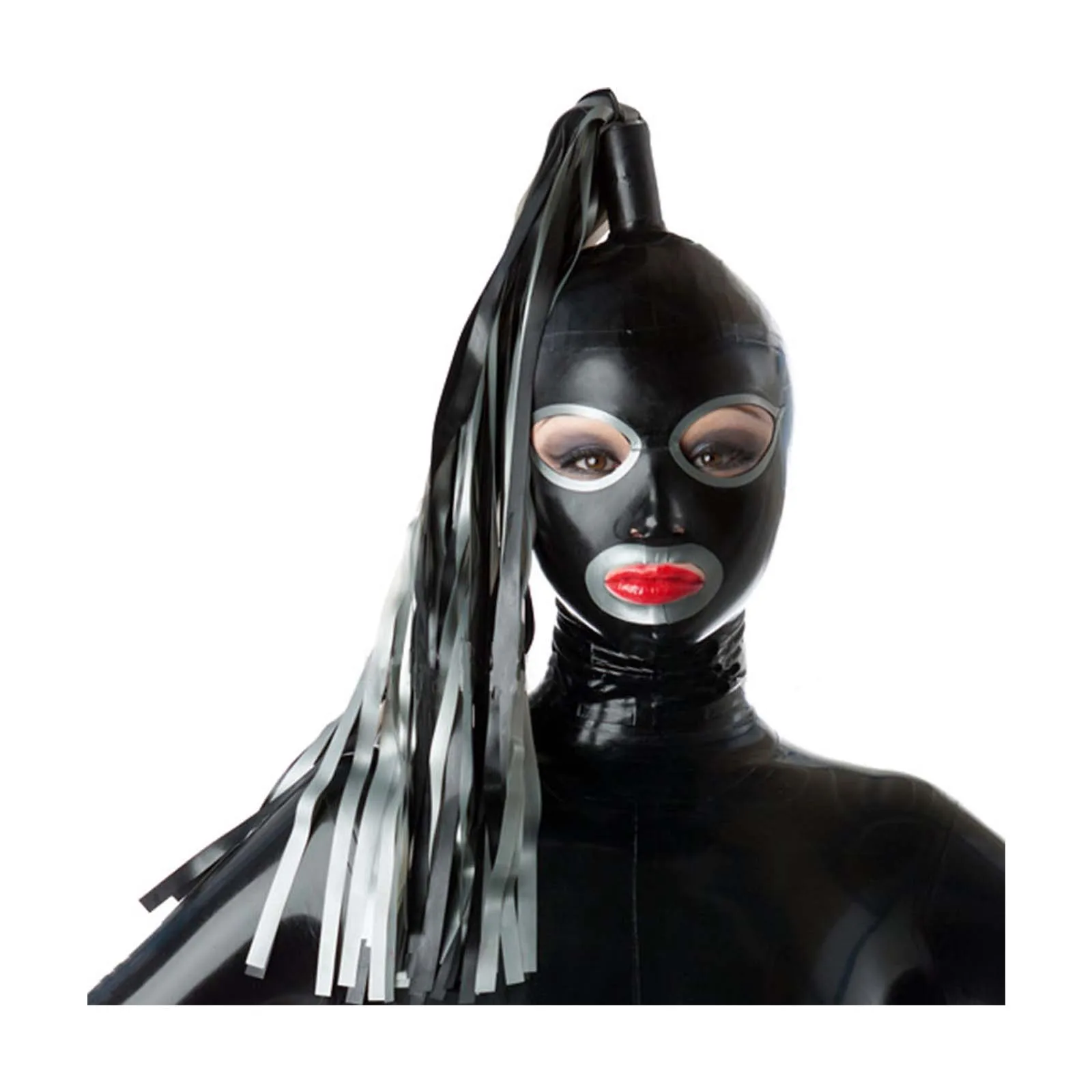 

MONNIK Black Latex Hood Mask with Mouth&Eyes Open and Single Ponytail Rubber Wigs Rear Zipper Handmade for Fetish Catsuit