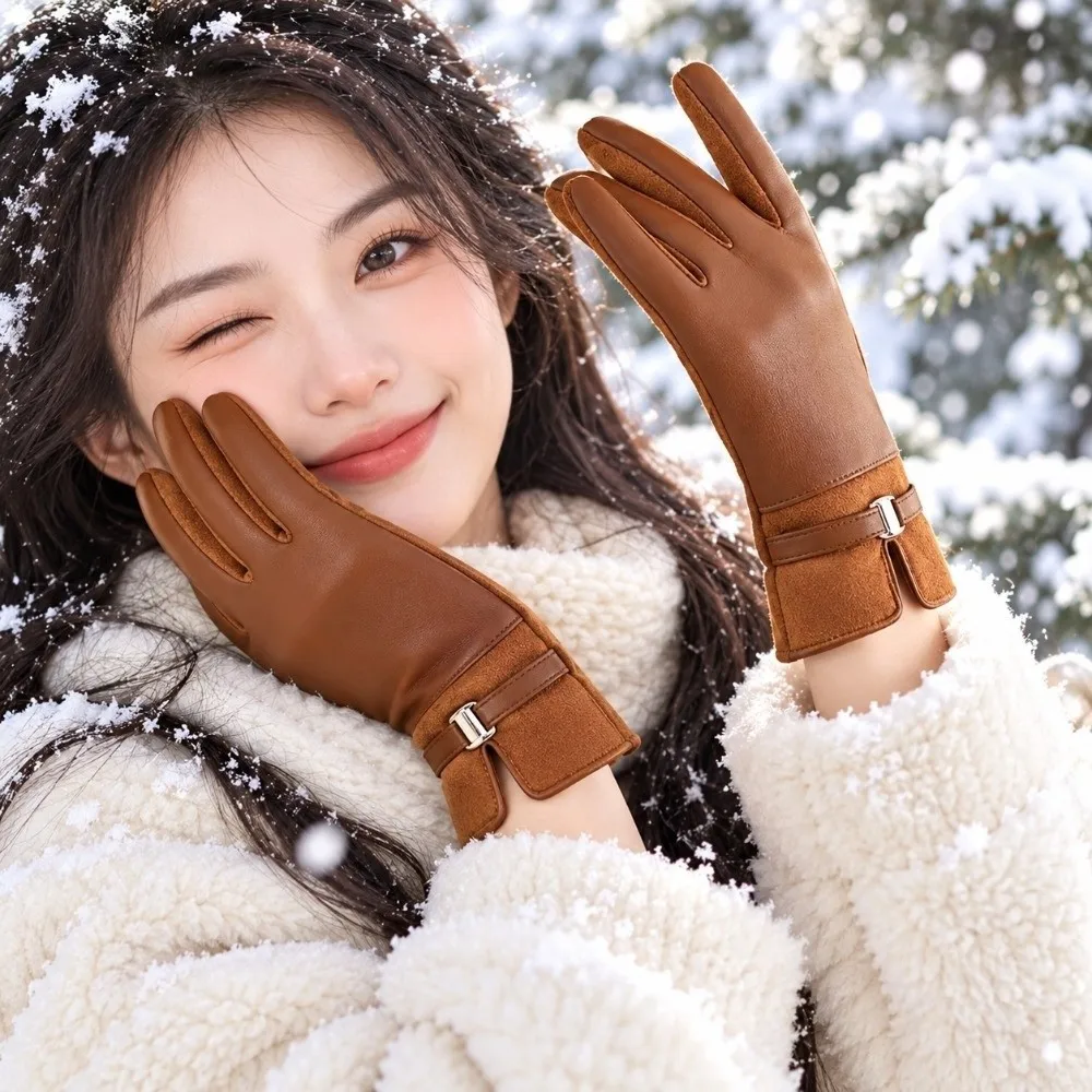 Guanti In Pelle Con Fodera In Pile, Fibbia In Metallo, Colore Uniforme, Guanti Invernali, Impermeabili, Con Fodera Morbida, Compatibili Con Schermi Tattili.-image