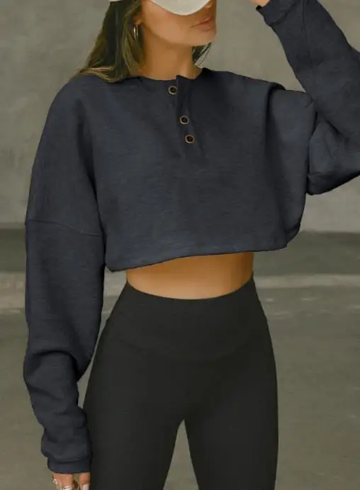 

Fashionable and Simple Solid Color Long Sleeved Button Top for Autumn Women's Casual Loose Open Top with Exposed Navel