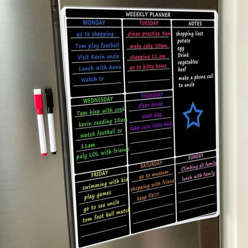 キッチン冷蔵庫用の磁気乾式消去ホワイトボード、週次ホワイトボード、カレンダー、便利なメニュー計画、ランニングショッピングリストリスト