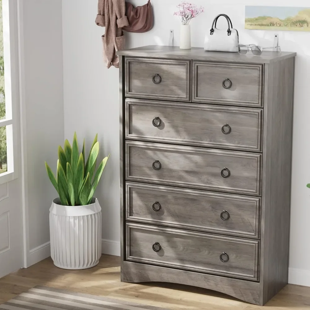 6 Drawer Dresser,Tall Chest of Drawers Closet Organizers&Storage Clothes - Easy Pull Handle,Textured Borders Living Room,Hallway