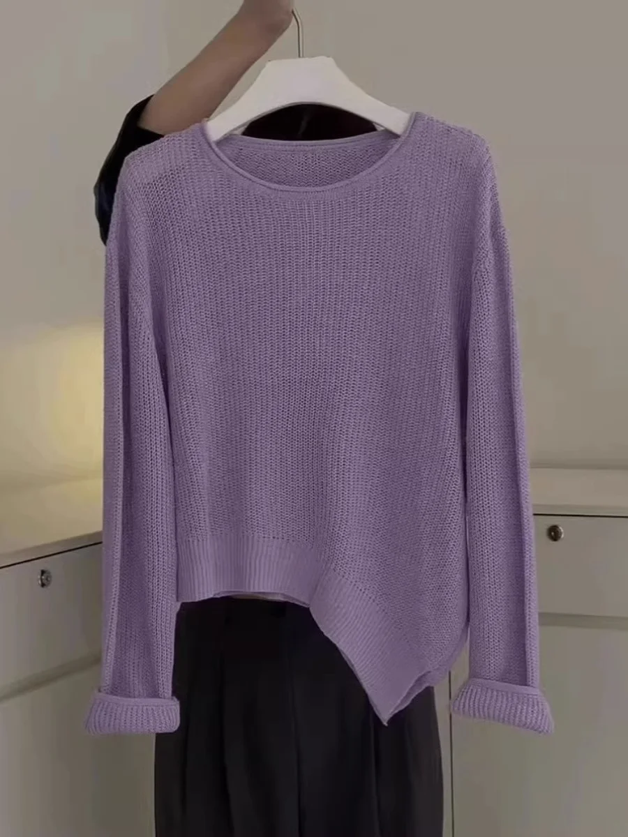 

Soft Purple Knitted Sweater Women's Lazy Style Forest System 2023 Autumn New Arrival Comfortable Korean Version round Neck Lo...