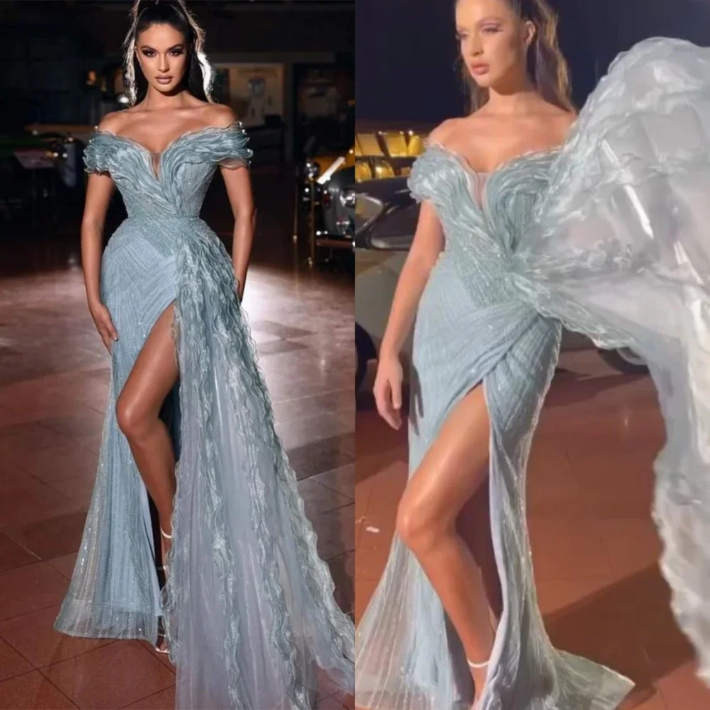 Women Elegant Off-the-shoulder Mermaid Celebrity Dress Draped Shirred Floor length Organza Evening  فساتين سهره