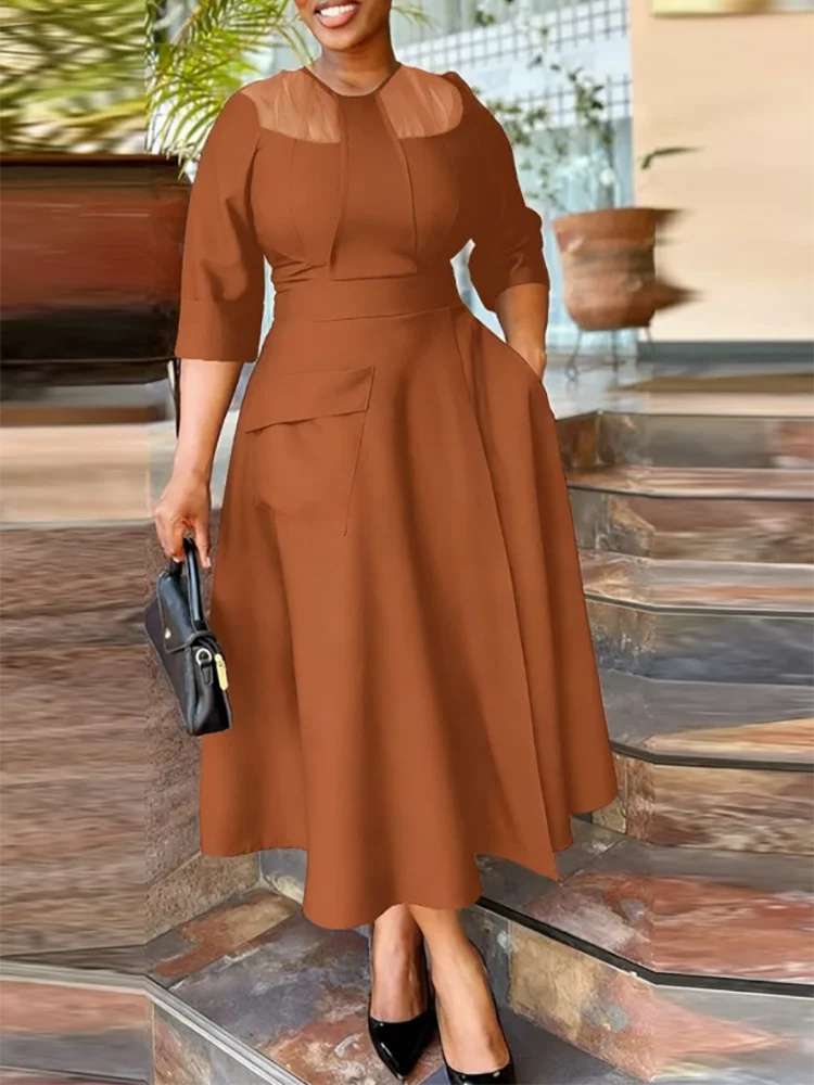 2025年トレンド　Oネック半袖ワンピース　秋　エレガント　メッシュパッチワーク　ハイウエストロングワンピース　カジュアルポケット付き　無地Aラインワンピース