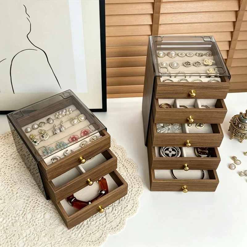 Five-Layer Walnut Wood Jewelry Storage Box Anti-Oxidation Dust-Proof Organizer Holder For Rings Earrings Women Jewelry Storage