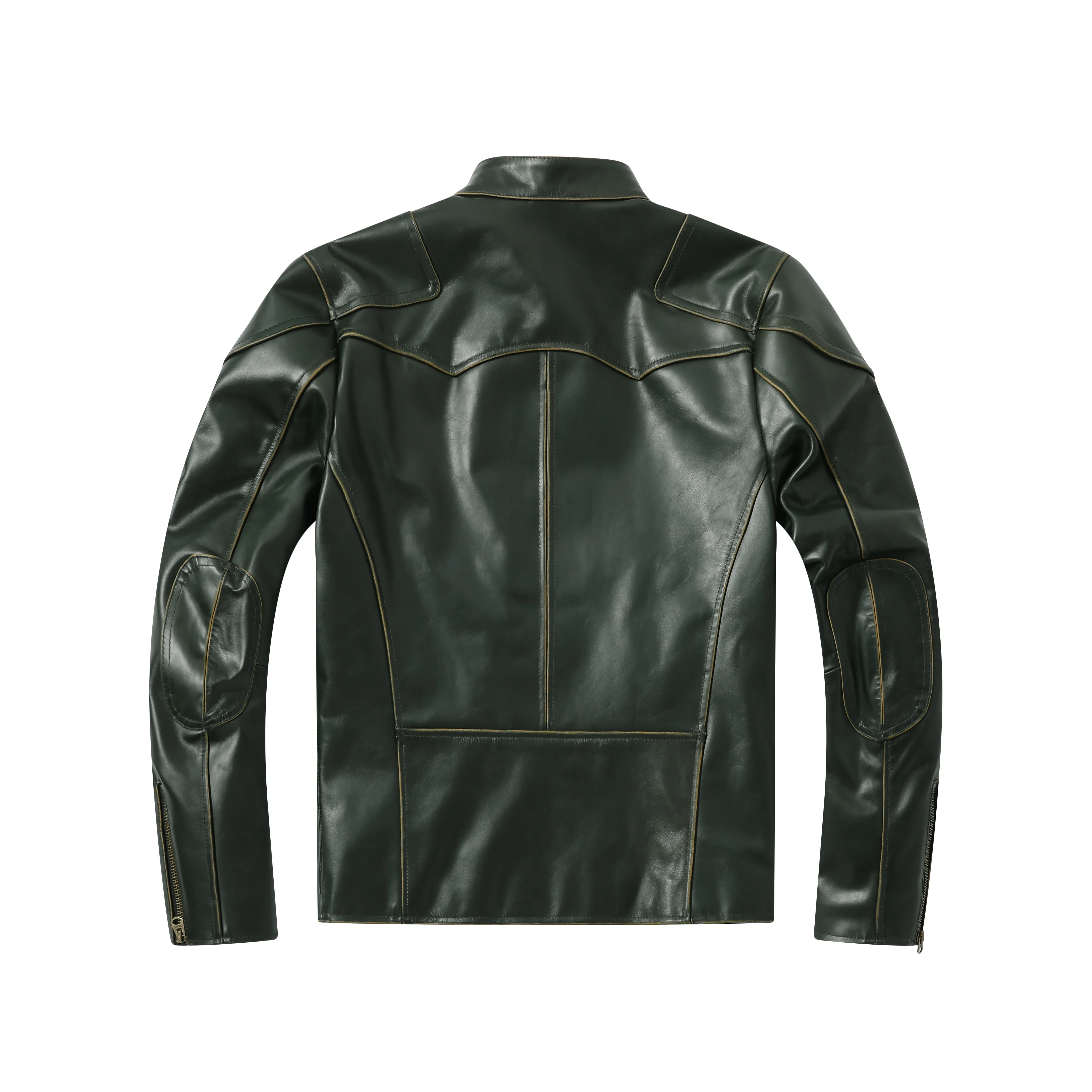 2023 New Waxed Leather Cropped Jacket Men's Stand Collar Natural Leather Jacket Dark Green Retro Slim Motorcycle Jacket Classic