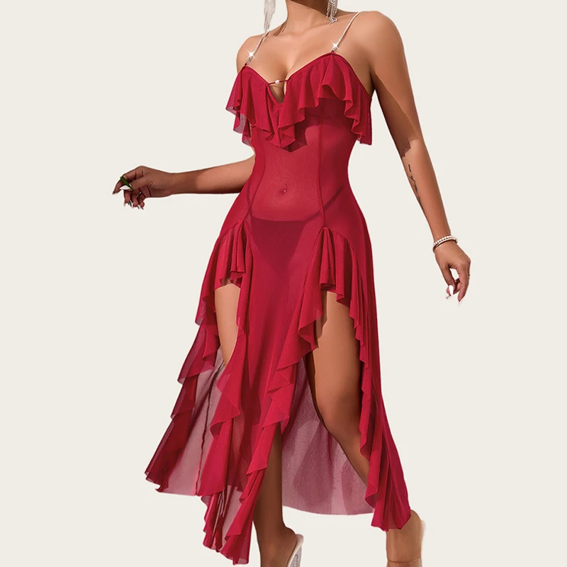 

Sexy Night Dress Woman Elegant Ruffles Backless Nightgown Side Slit Long Dress Sexy Nightwear Shiny Diamond Chain Mesh Sleepwear