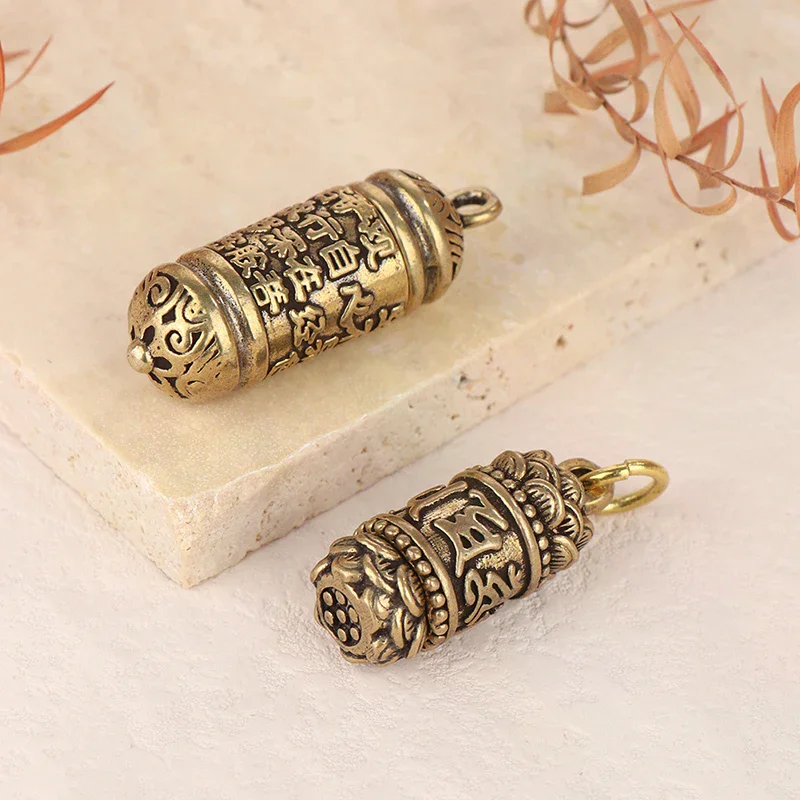 1Pc Vintage Hollow Brass Buddha Sutra Cylinder Pendant Keychain Handmade Pill Box Container Bottle
