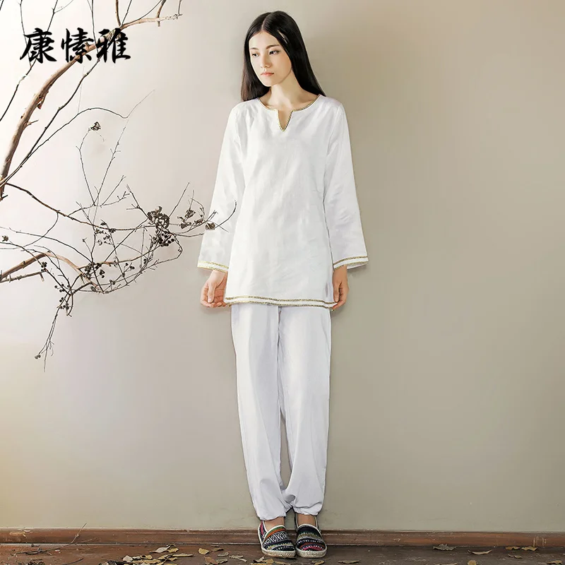 Cotton Linen Women Yoga Tai Chi Martial Arts Suit Chinese Style Loose Sweatshirt+pant Casual Exercise Meditation Kungfu Tang Set