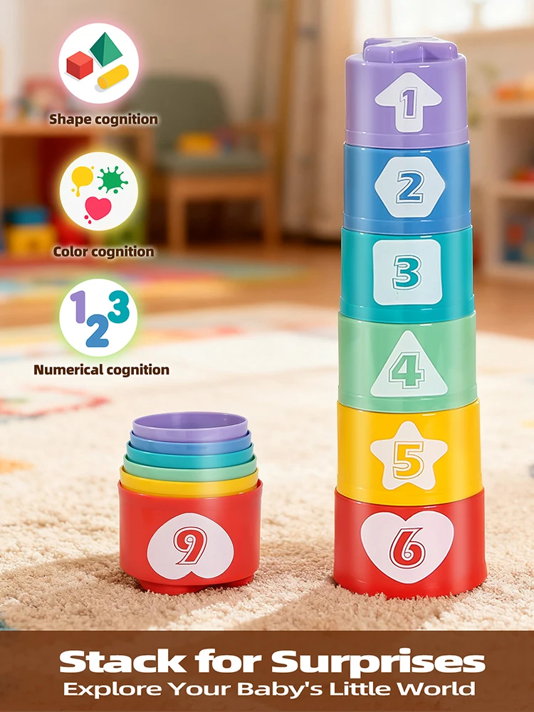Juguete Apilable de Corazones Rojos para Bebés de 18+ Meses - Reconocimiento de Colores, Formas y Números, Juego Multipersona, Regalo para la Playa o el Agua