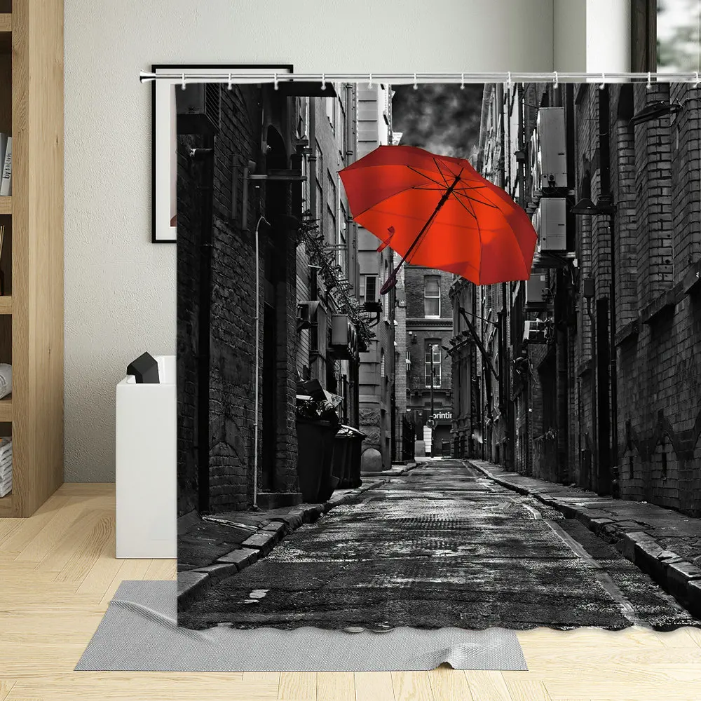 Europe City Street Style Black White Street View Shower Curtain Vintage Building Decor Screens Bathroom Curtains With Hooks Set