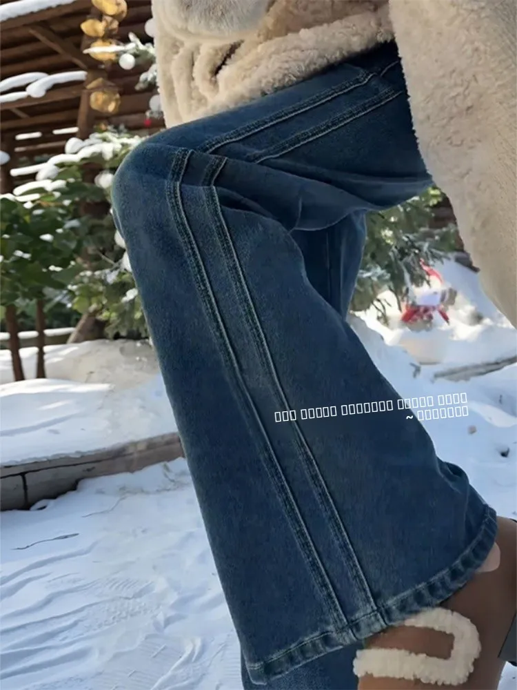 

Большие размеры, прямые джинсы с высокой талией на подкладке, американские джинсовые джинсы, женские осенне-зимние модные утягивающие широкие брюки