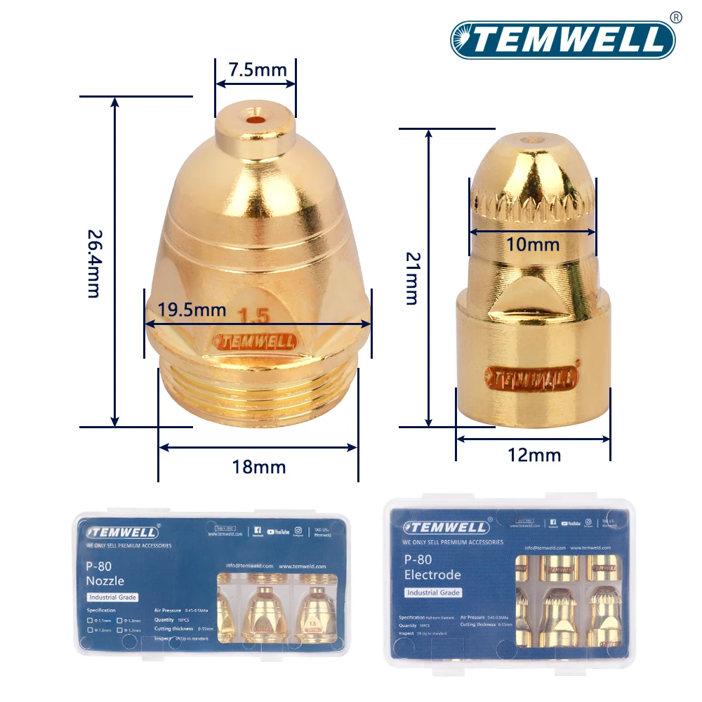 Boquilla de punta de electrodo de Plasma 20 piezas, de 60a soplete de corte de Plasma, 80a, 100A, 1,1/1,3/1,5/1,7mm, boquillas CNC de oro, plata y
