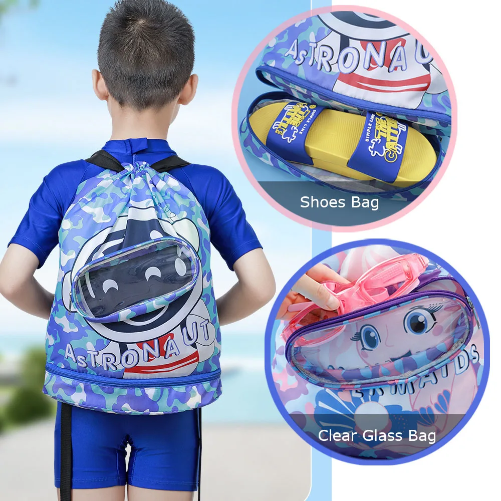 Mochilas esportivas esportivas infantis, mochila infantil com compartimento de sapatos e bolso molhado, bolsa de natação, bolsa de natação