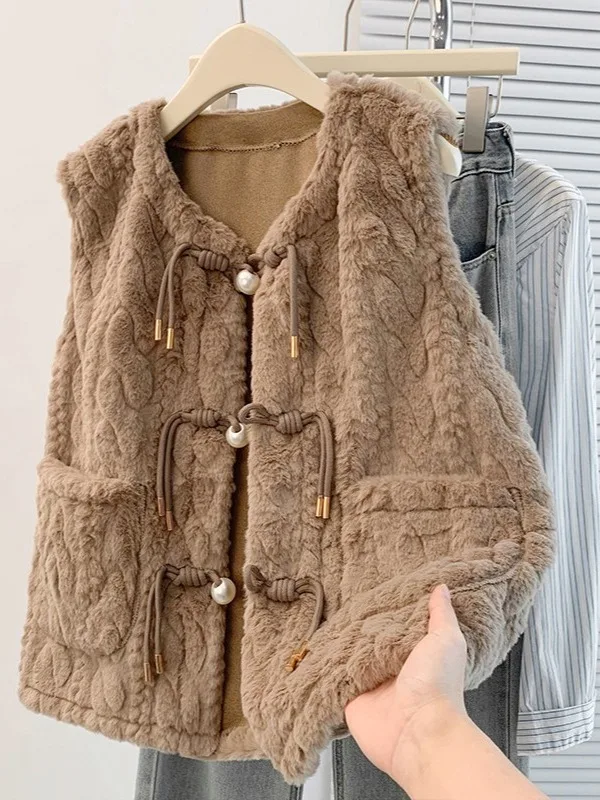 

Lamb Fur Vest Women's Autumn Winter New Sle Retro National Sle Buttoned Fce Lined Warm Svel oulder Pad Coat
