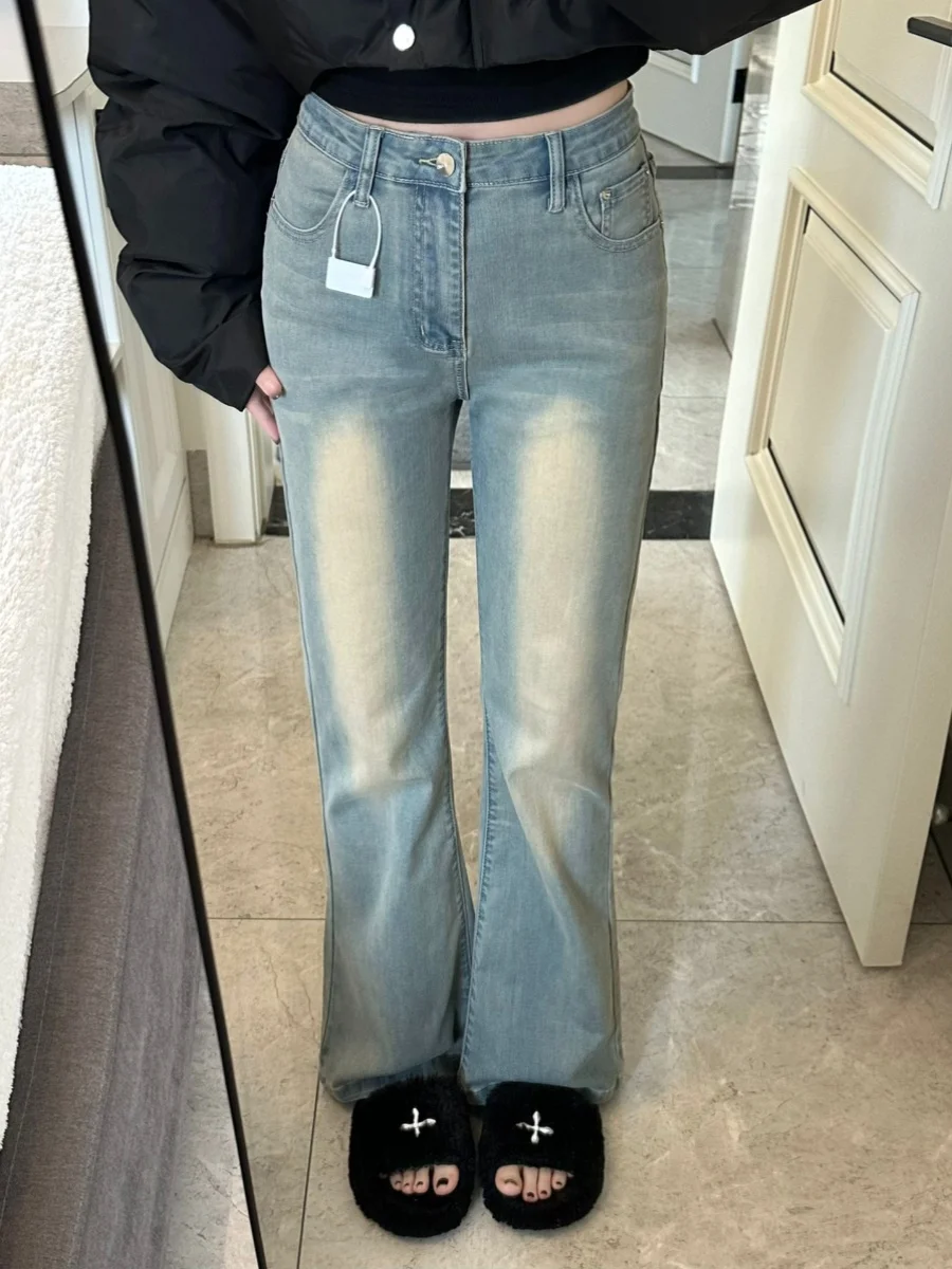 

Retro American Bell Bot Jeans Women's plus Size High Waist Slimming Vintage Elastic Floor Length Pants Autumn Blue