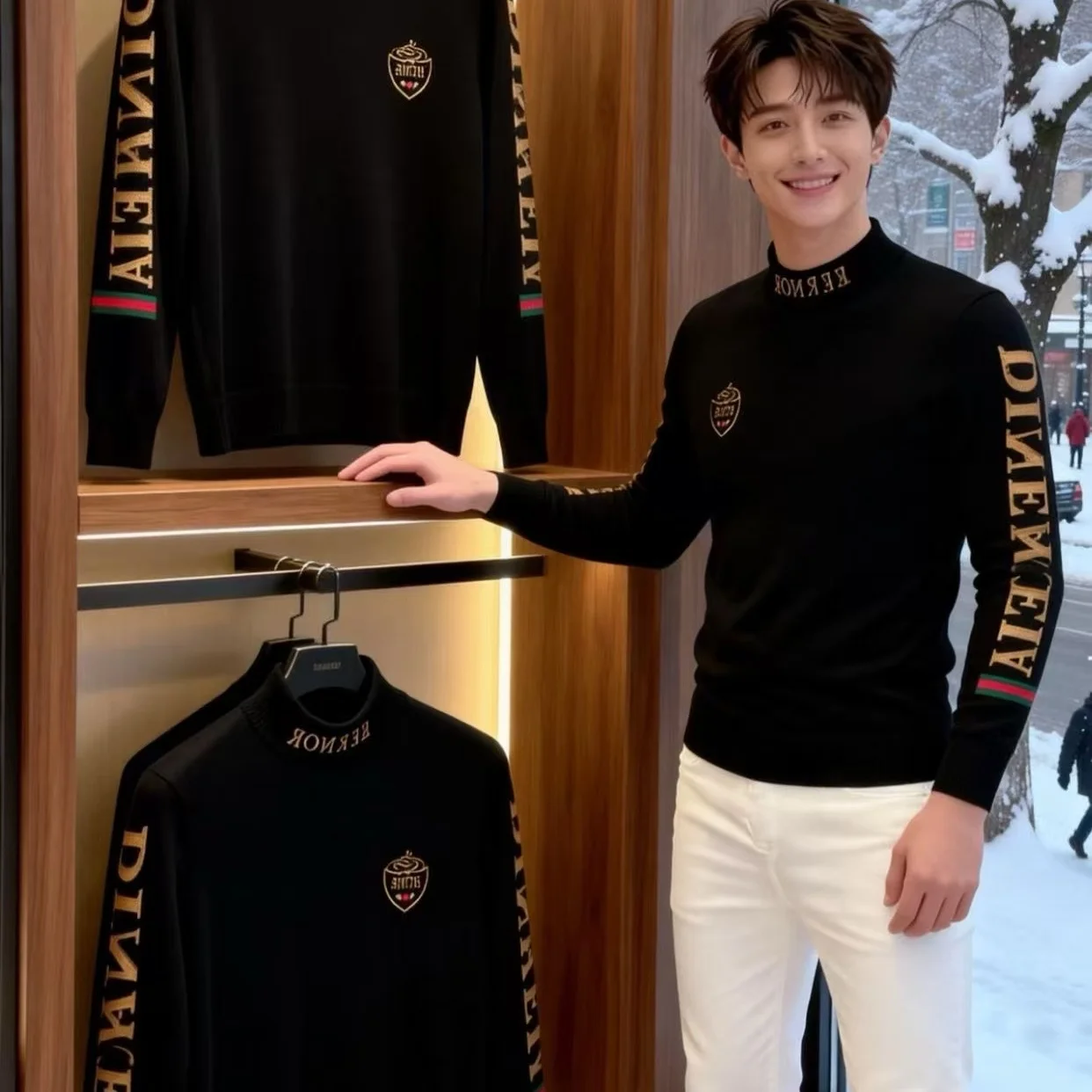 Men's Long Sleeve Fleece Lined Embroidered Slim Fit Casual Business Fashionable Trendy Sweatshirt Gold Luxury  Autumn ...