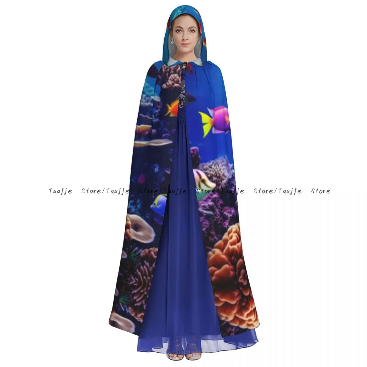 Tropical Fish And Coral Reef Underwater Witch Cloak Hooded Cosplay Costume Halloween Adult Long Party Cape