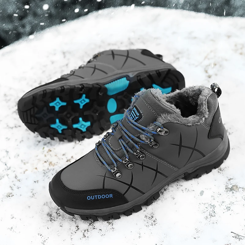 Winter Men Boots Fleece-lined Warm Hiking Shoes for Men Waterproof Leather Snow Boots Non-slip Sports Casual Trekking Sneakers