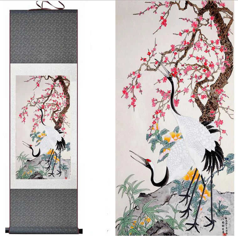 Top quality crane   Painting Home Office Decoration Chinese scroll painting Crane and tree paintingPrinted painting