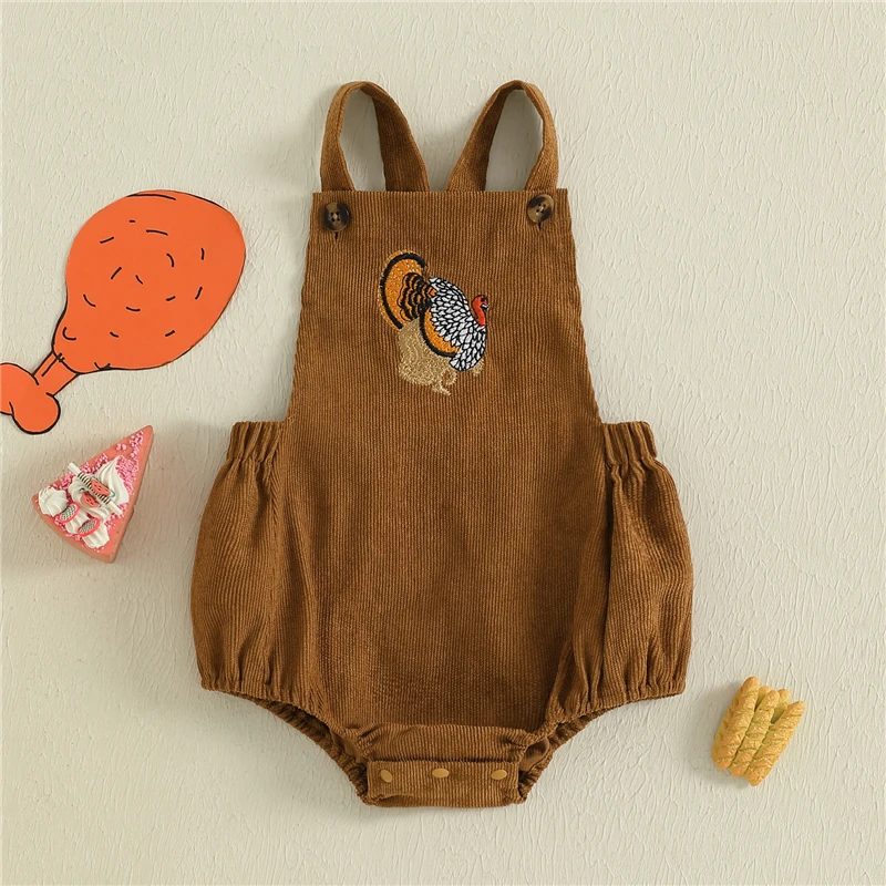 

Newborn Infant Baby Girl Boys Thanksgiving Corduroy Overalls Turkey Embroidered Sleeveless Romper Jumpsuit Fall Clothes