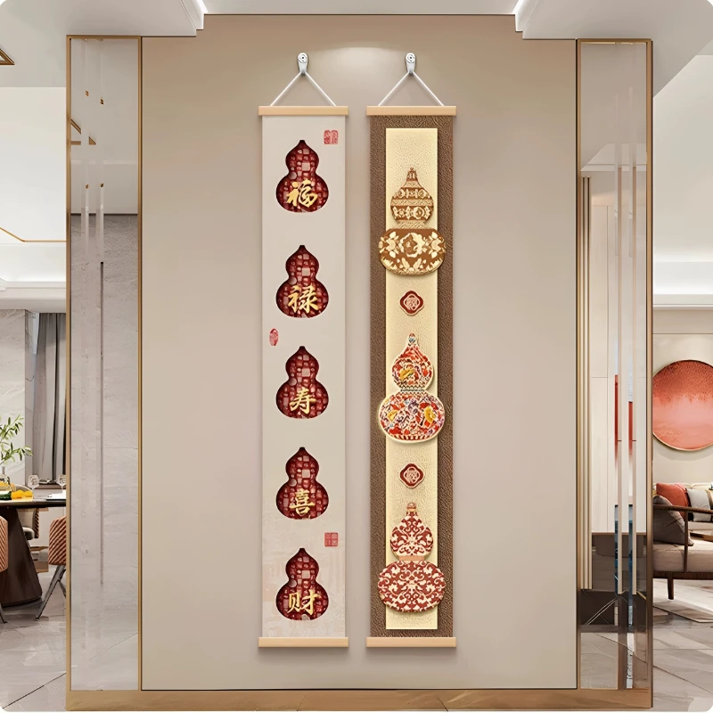 Wall Art Nine Koi Fish and Persimmon Branches Chinoiserie Pearlescent Canvas Hanging Scroll with Wooden Rods for Hallway