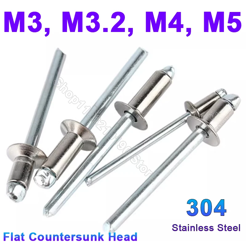 10-100Pcs Pop Rivets 304 Stainless Steel M3 M3.2 M4 M5 Flat Countersunk Head Blind Rivets Shank Mandrel Exhaust Rivets Pull Nail