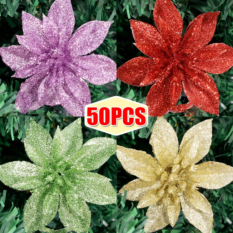 50/5PCS Christmas Artificial Flowers Xmas Tree Wreath Ornaments Glitter Fake Flower Wedding New Year Party Decoration Gifts