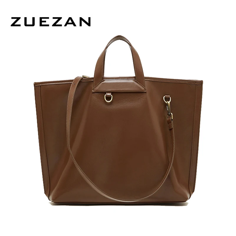 Bolso grande de cuero curtido vegetal, bolso de hombro de cuero genuino para mujer, bolso de cuero de vaca Natural estilo carpeta de archivos A725