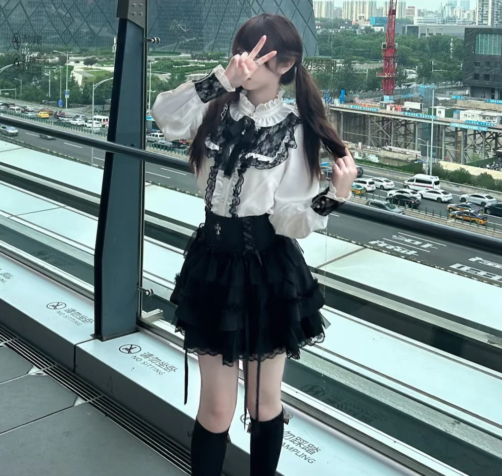 Japanese Gothic Jirai Kei Lolita Stand Neck Long-Sleeve Shirt Y2K Aesthetic Lace High Waisted Mini Skirt Subcultural Dark Set