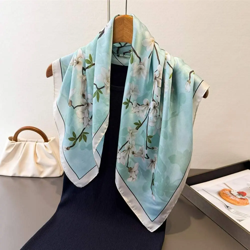 

65*65cm Fashion Luxury Women Silk Scarf Square All-Match Headband Scarf Flowers Print Breathable Hijab Bandana