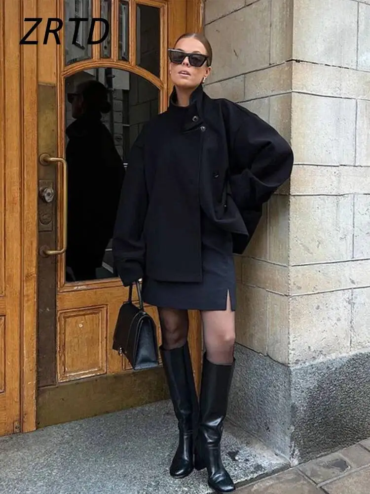 Straße frauen Kurze Woll Mantel Stehkragen Einreiher Langarm Taschen Jacke 2026 Herbst Dame Casual Pendeln Outwear