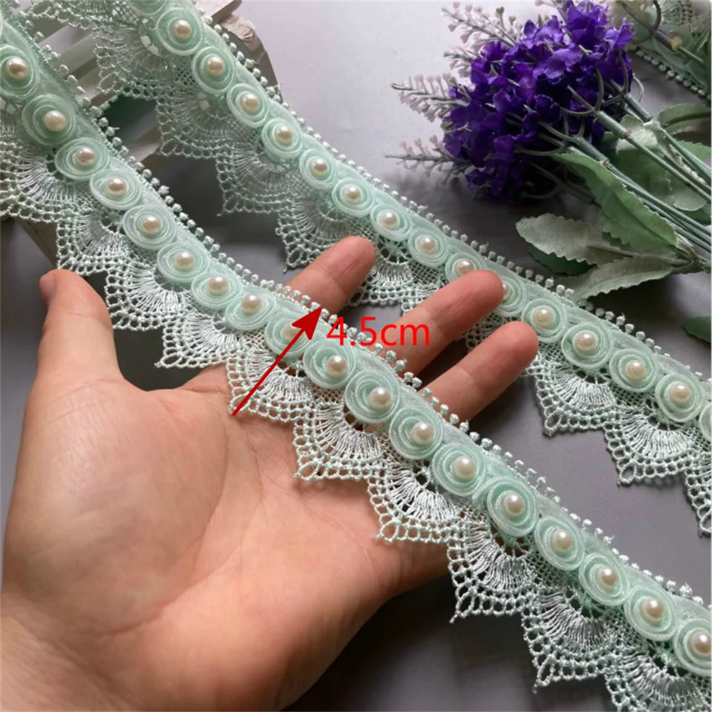 2 Yard Light Green Ribbon Plum Flowers Pearl Lace Trimmings Ribbons Beaded Lace Fabric Embroidered Sewing Wedding Dress Clothes