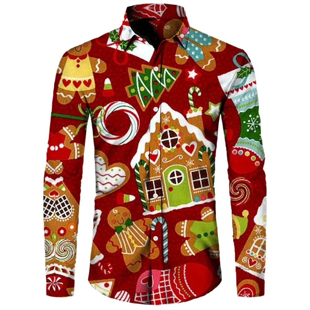 Christmas Themed 3D Printed Men's Long Shirts For Street Parties, Plus Size Hot Selling Fashionable Shirts, Christmas Cottages