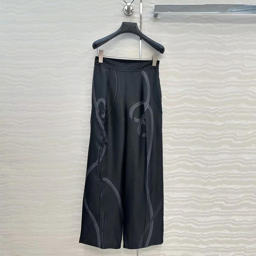 2025 New Fashion Summer 100% Silk Wide Leg Pants Women Zipper Elastic High Waist Print Chain Tassel Pattern Retro Trousers