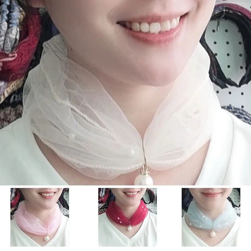 Fashion Solid Color Thin Neck Collar For Women Fake Pearl Pendant Organza Lace Scarf Elegant Female Sunscreen Silk Mesh Scarves