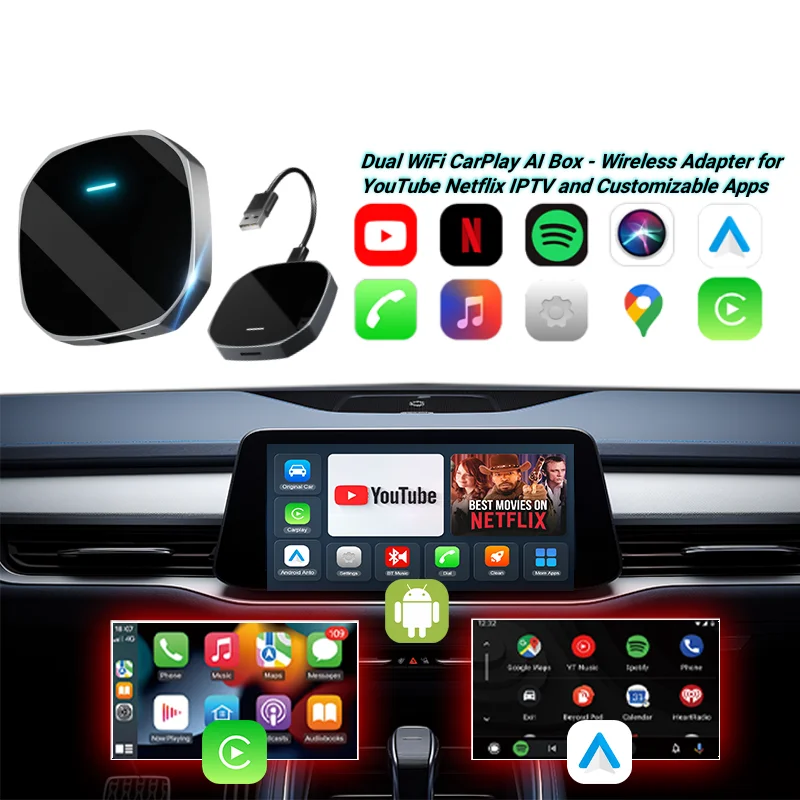 Aluminum Alloy Dual WiFi Wireless CarPlay AI Box 2+16GB with  YouTube ip tv Android Auto Adapter for ap ple Cars