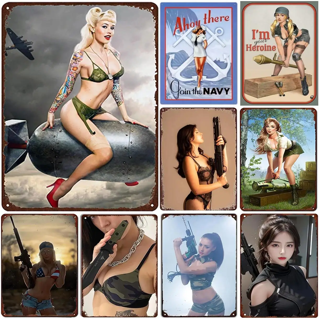 Vintage Pinup Military Girls Metal Tin Signs  Retro Wall Art Posters for Garage Man Cave Cafe Bars Pubs  Home Decor Plaque Plate