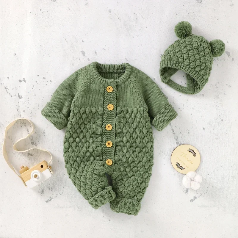 

Baby Romper Knitted Infant Girls Boys Jumpsuit Long Sleeve Autumn Newborn Kid Clothing Hat Fashion Solid 2PC Overalls Warm 0-18M